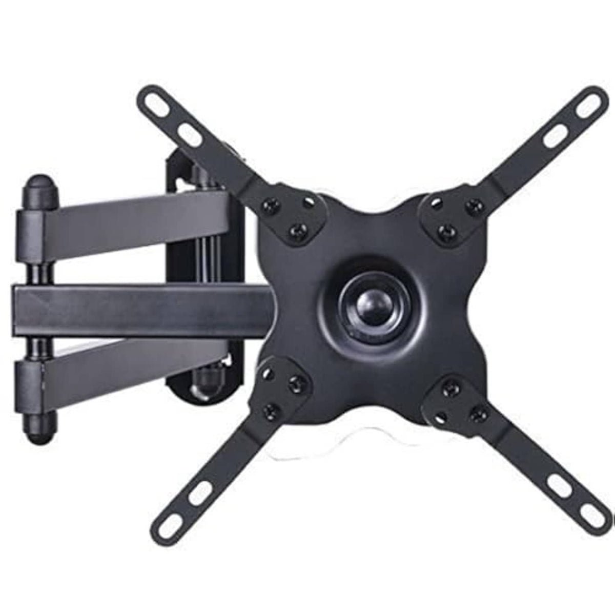 Full-motion TV wall mount bracket with tilt arm in angled position, black metal