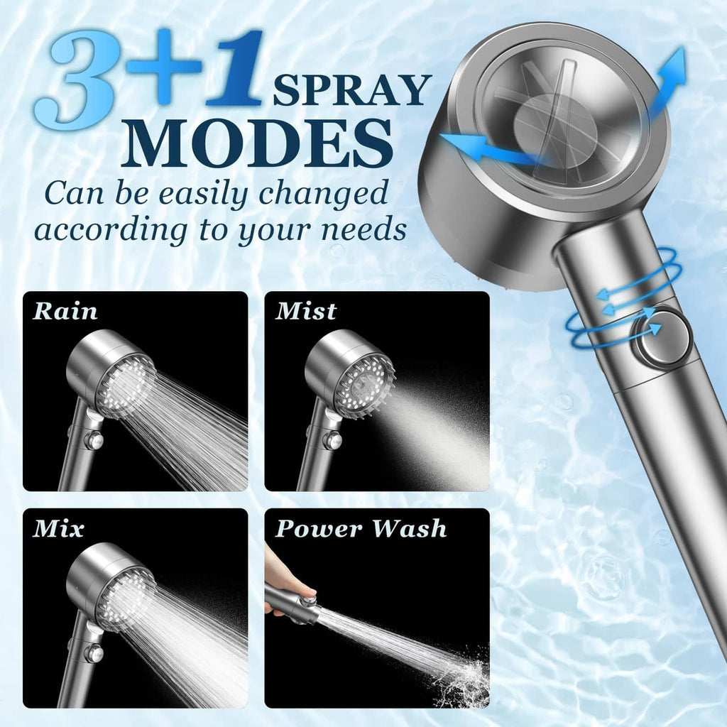 Filtered shower head showing 3+1 spray modes with rotating control dial