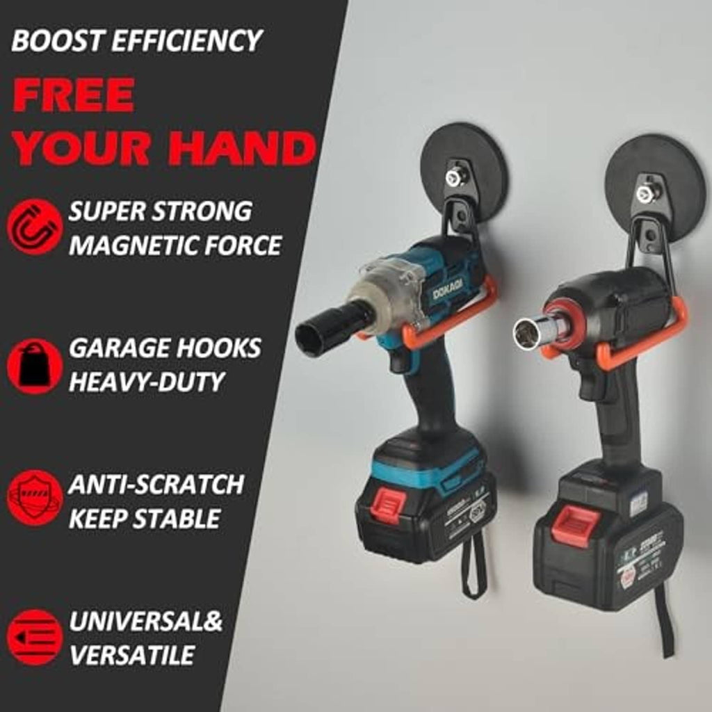 Set of magnetic garage hooks with orange arms and black round bases for tool hanging