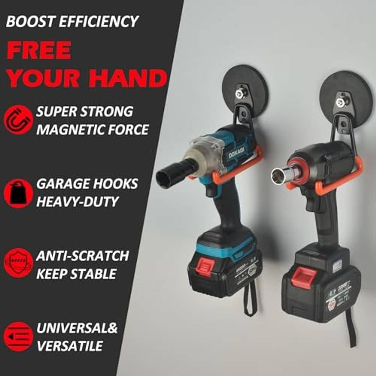 Set of magnetic garage hooks with orange arms and black round bases for tool hanging