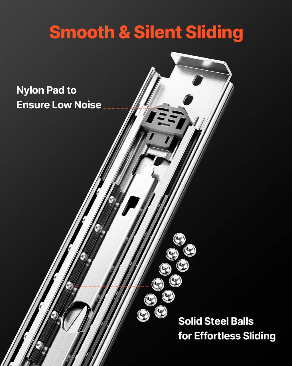 Ball bearing drawer slides with nylon pad for smooth, quiet sliding