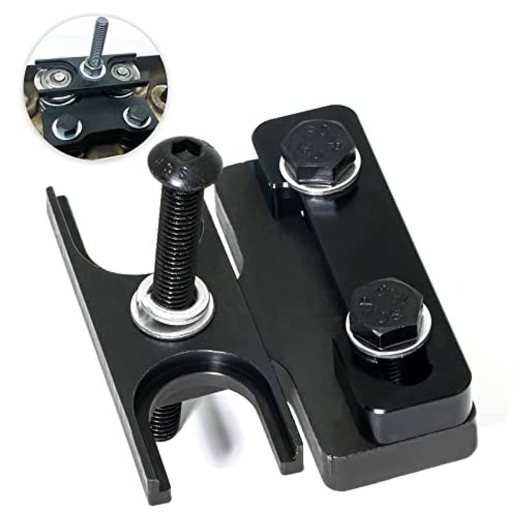Valve spring compressor tool, black frame with screw handle and two numbered hex adapters