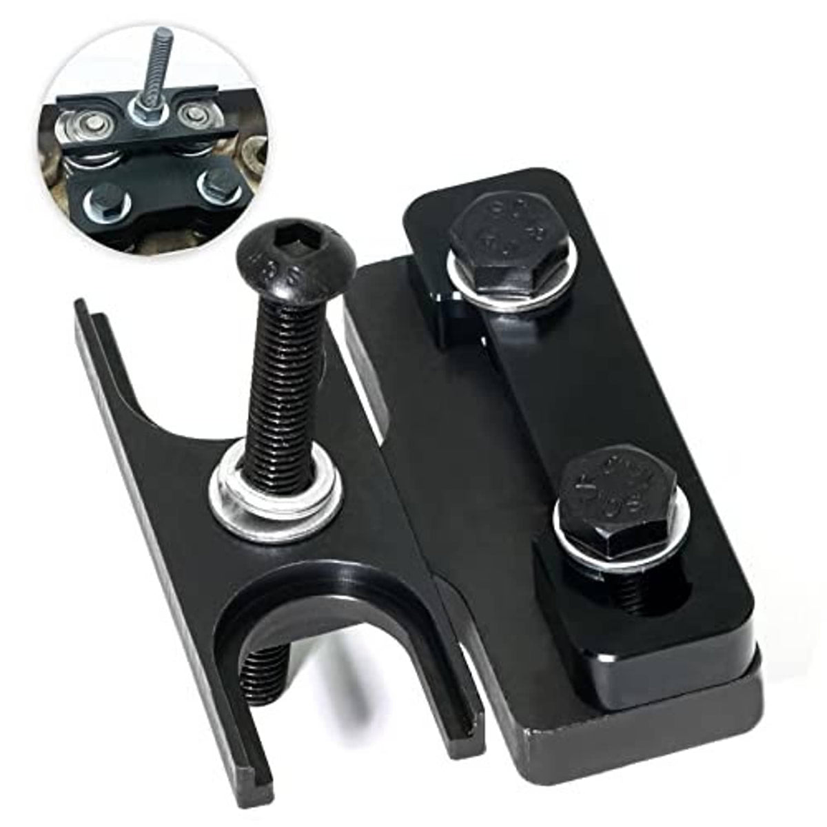 Valve spring compressor tool, black frame with screw handle and two numbered hex adapters