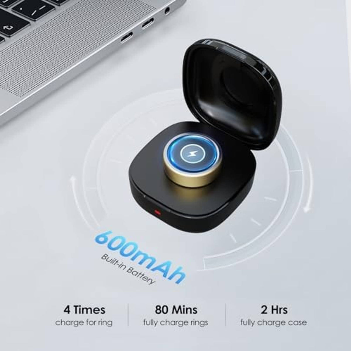 Black wireless ring charging case with ring seated on gold pad, blue halo LED