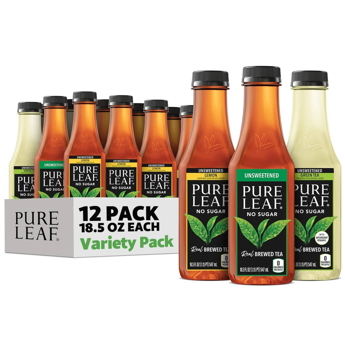 Variety pack of unsweetened Pure Leaf iced tea bottles, 12-pack (18.5 fl oz)