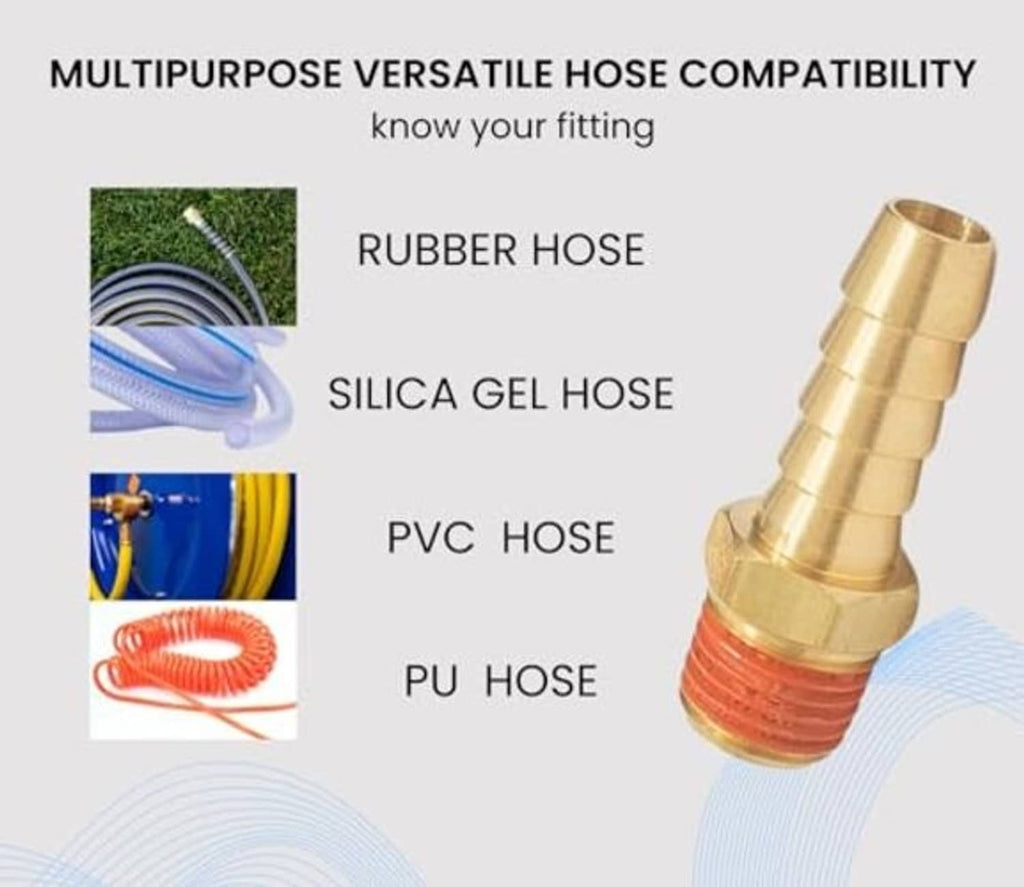 Brass 3/8 in barb to 1/4 in NPT male hose fitting with red sealing ring