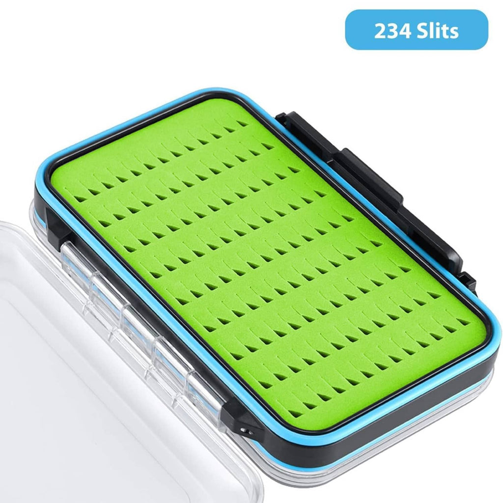 Rectangular fly fishing tackle box with lime foam insert and black latch under clear cover