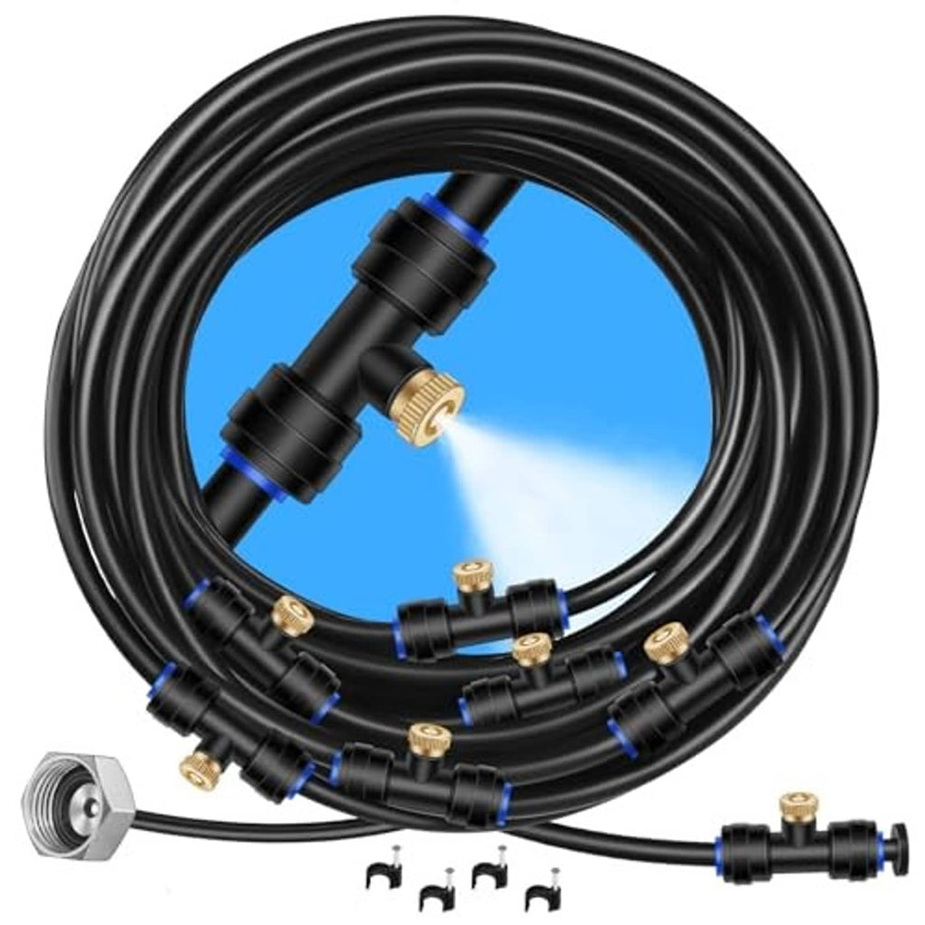Coiled black misting hose line with brass nozzle fittings and splitter connector pieces