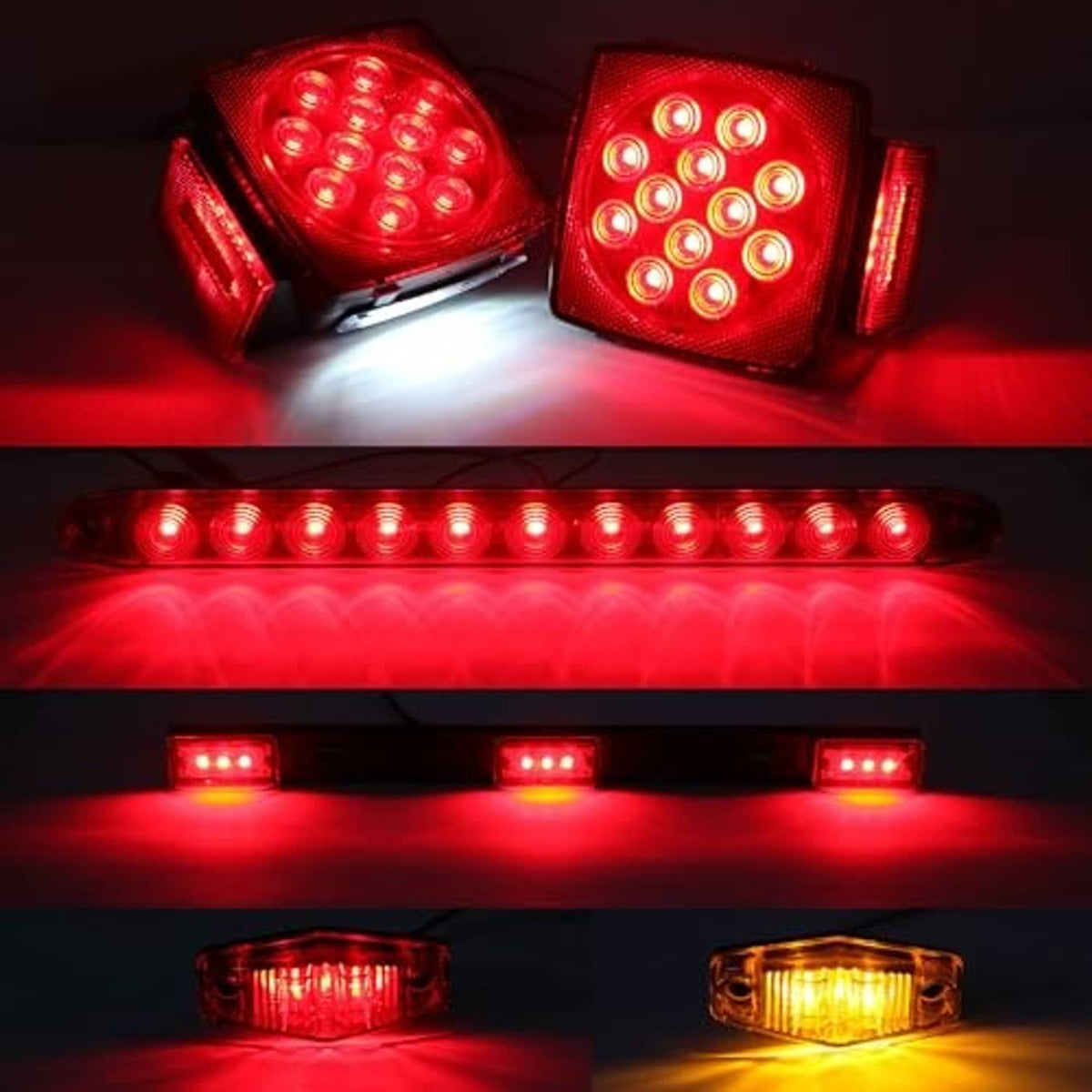 Glowing red LED square tail lights and red LED light bar for 12V trailer lighting