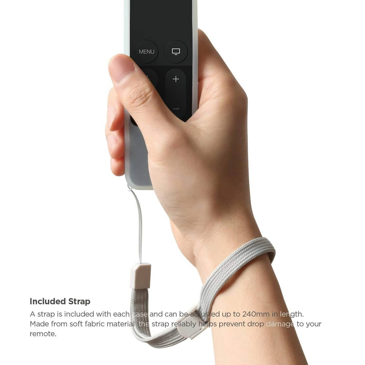 Light blue silicone remote case with included fabric strap, held in a hand.