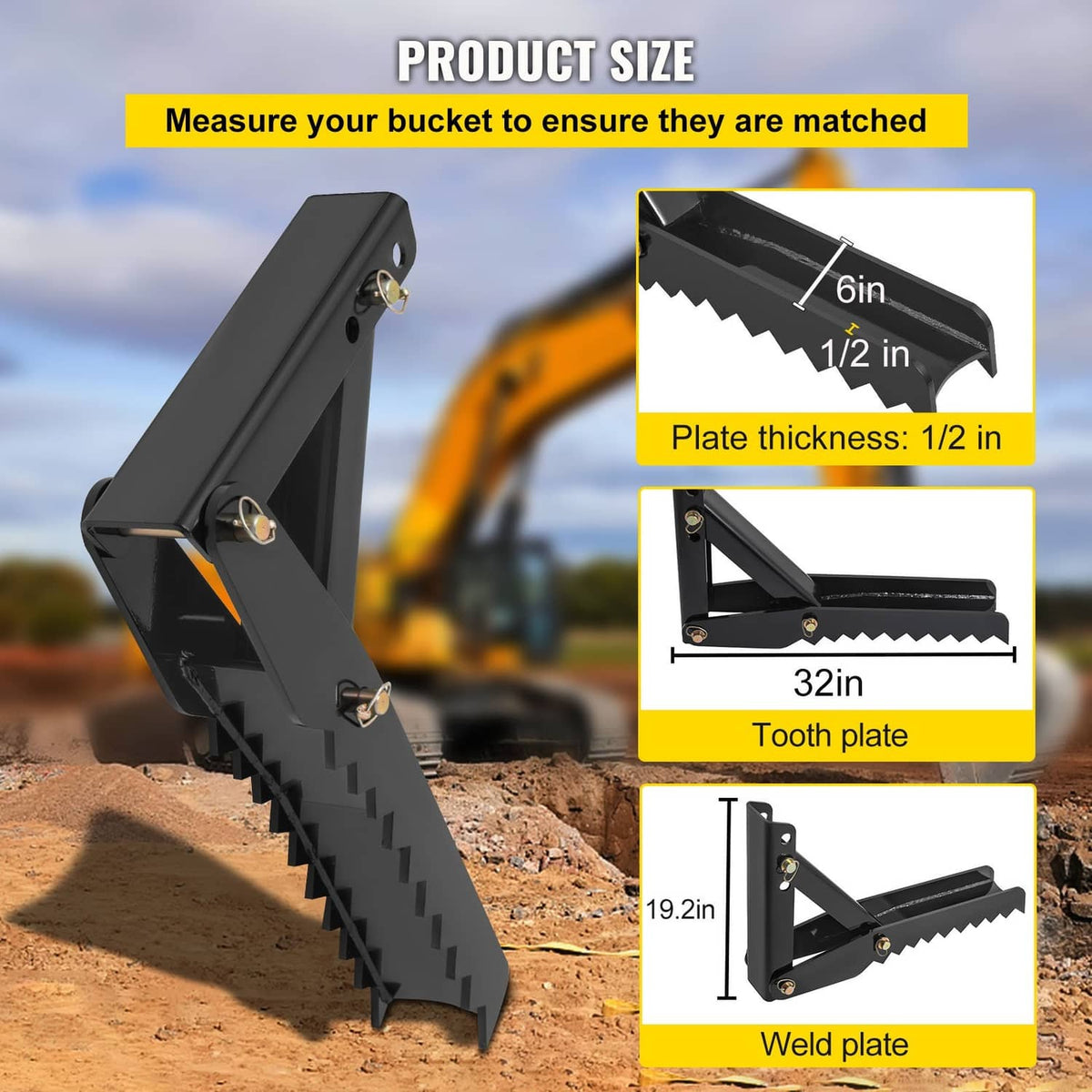 Black excavator thumb claw with toothed steel plate and mounting bracket