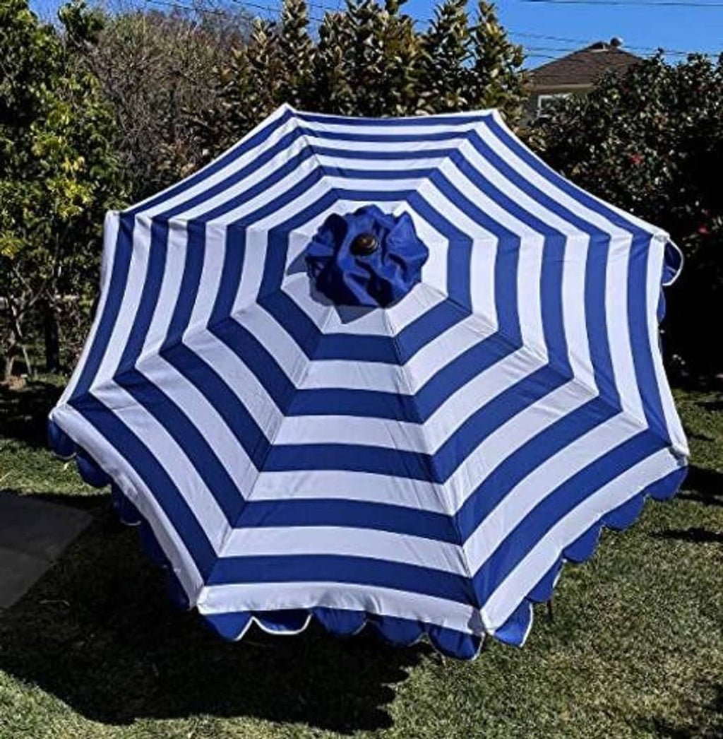 Blue and white striped replacement umbrella canopy with scalloped border and medallion center