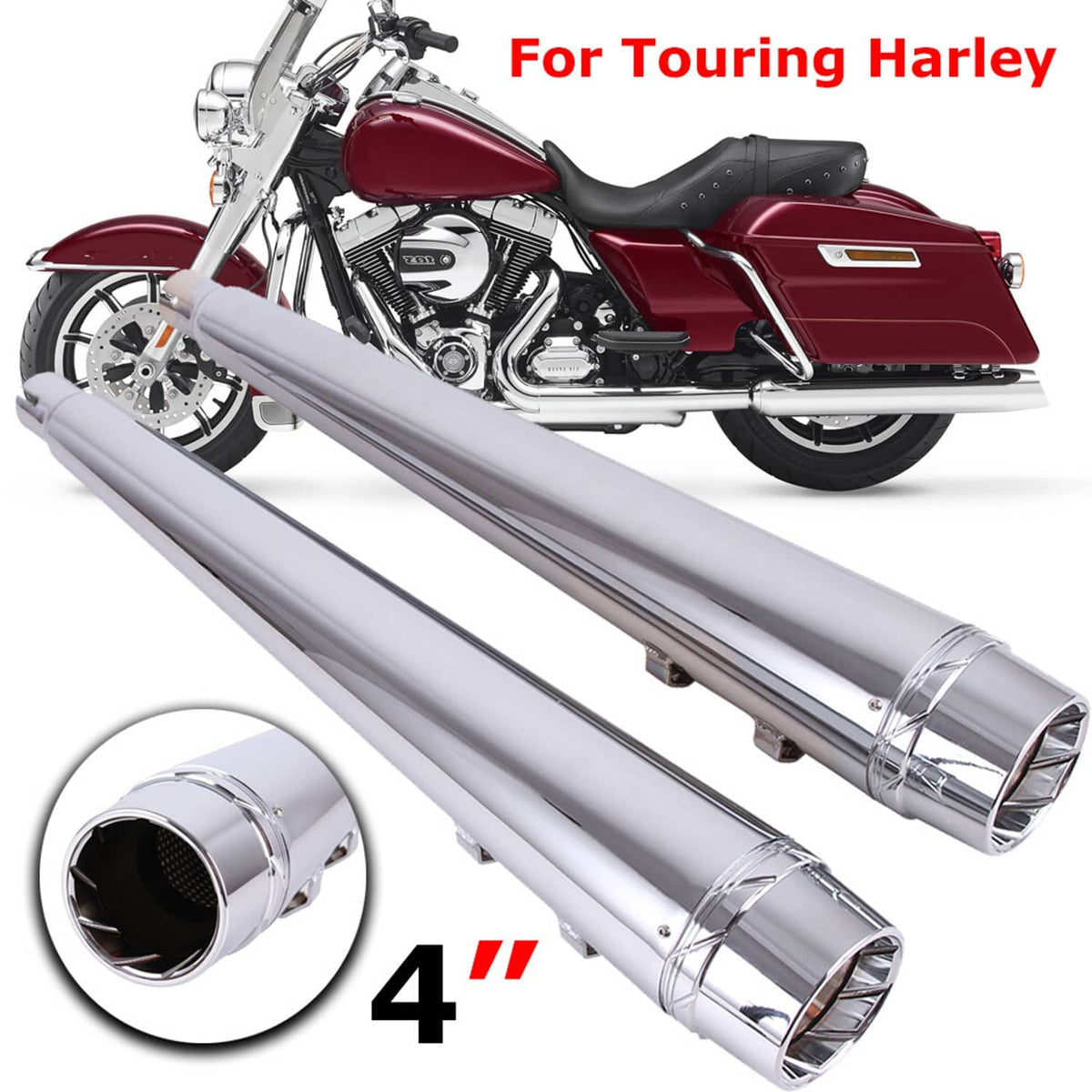 Chrome exhaust slip-on mufflers, long polished canisters with clamp bands and round outlets