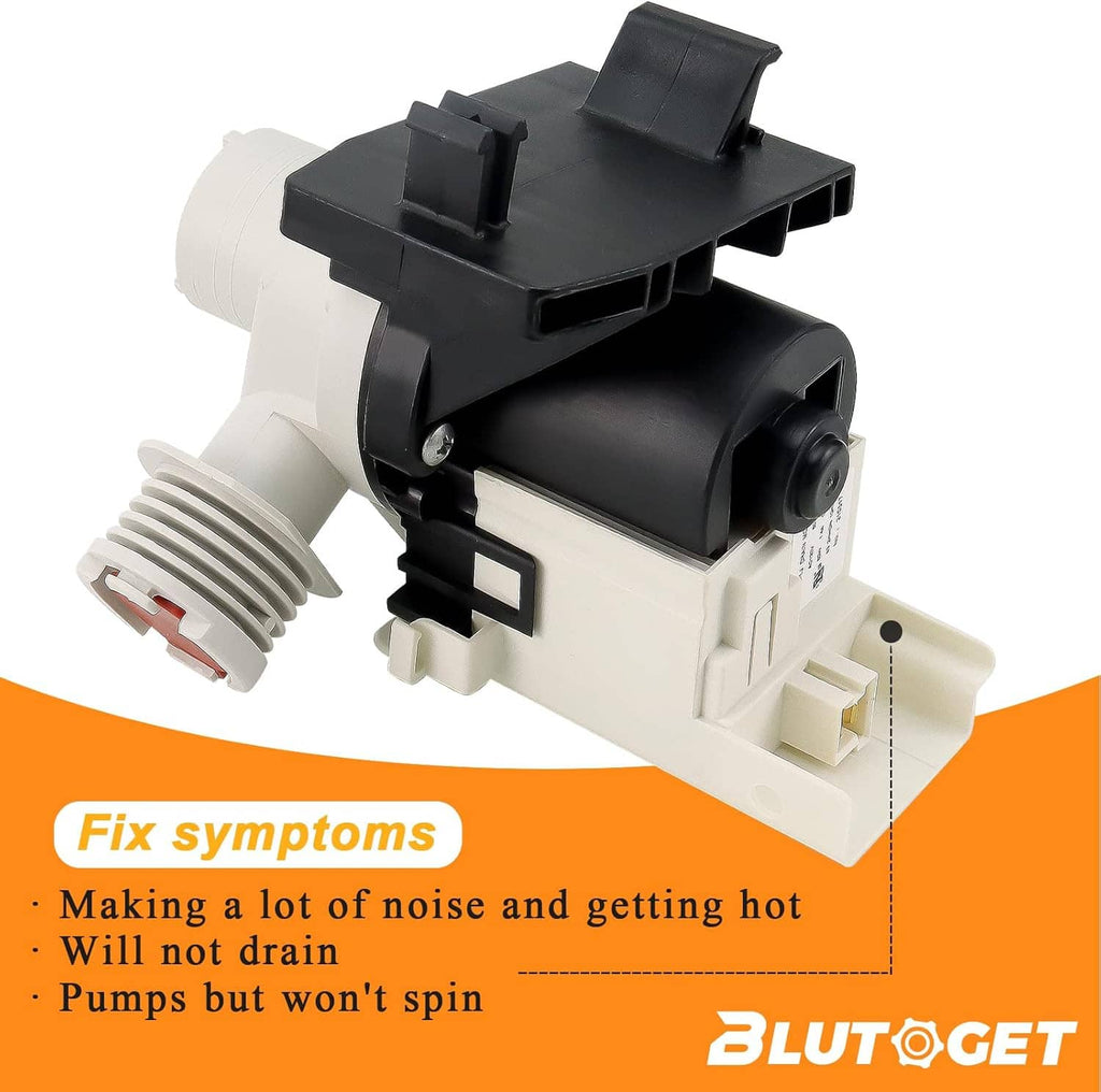 Washer drain pump with black cylindrical motor and white outlet, red cap