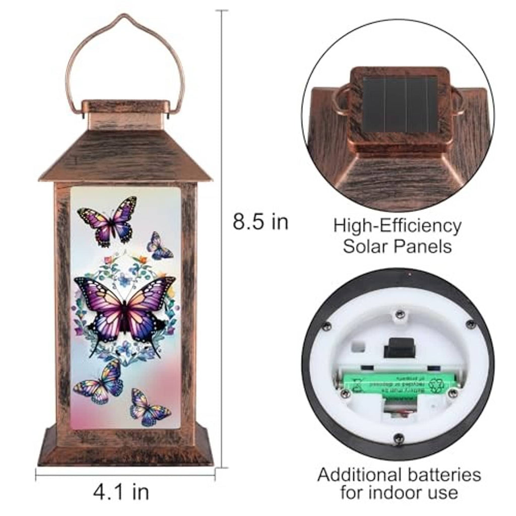 Solar lantern dimensions and panel view: copper top with butterfly artwork on glass