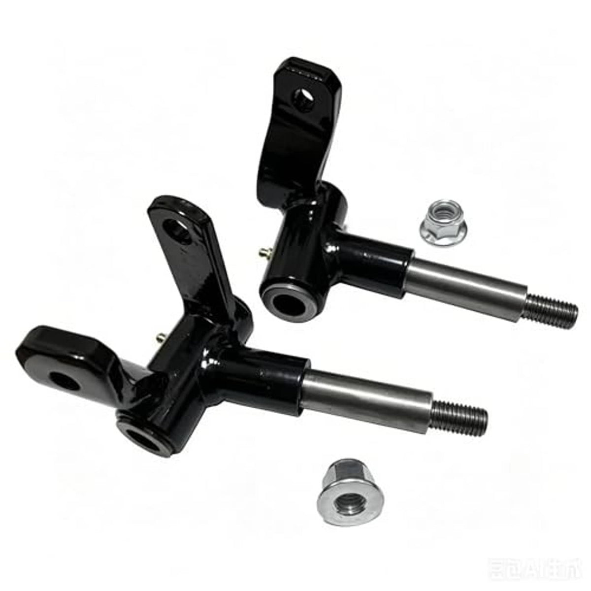 Golf cart front hand spindle set with black spindles, silver shafts, and included nuts