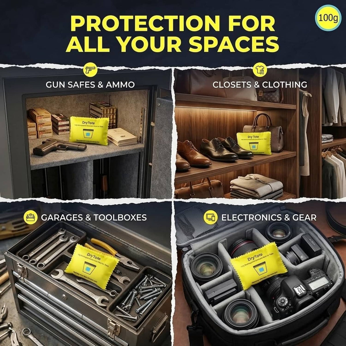 Yellow rechargeable desiccant pouches with blue indicator windows for storage protection.
