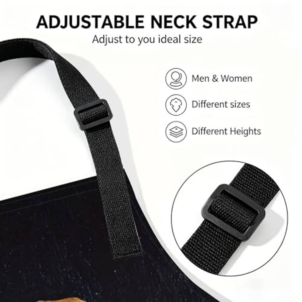Black adjustable neck strap with buckle on a polyester kitchen apron
