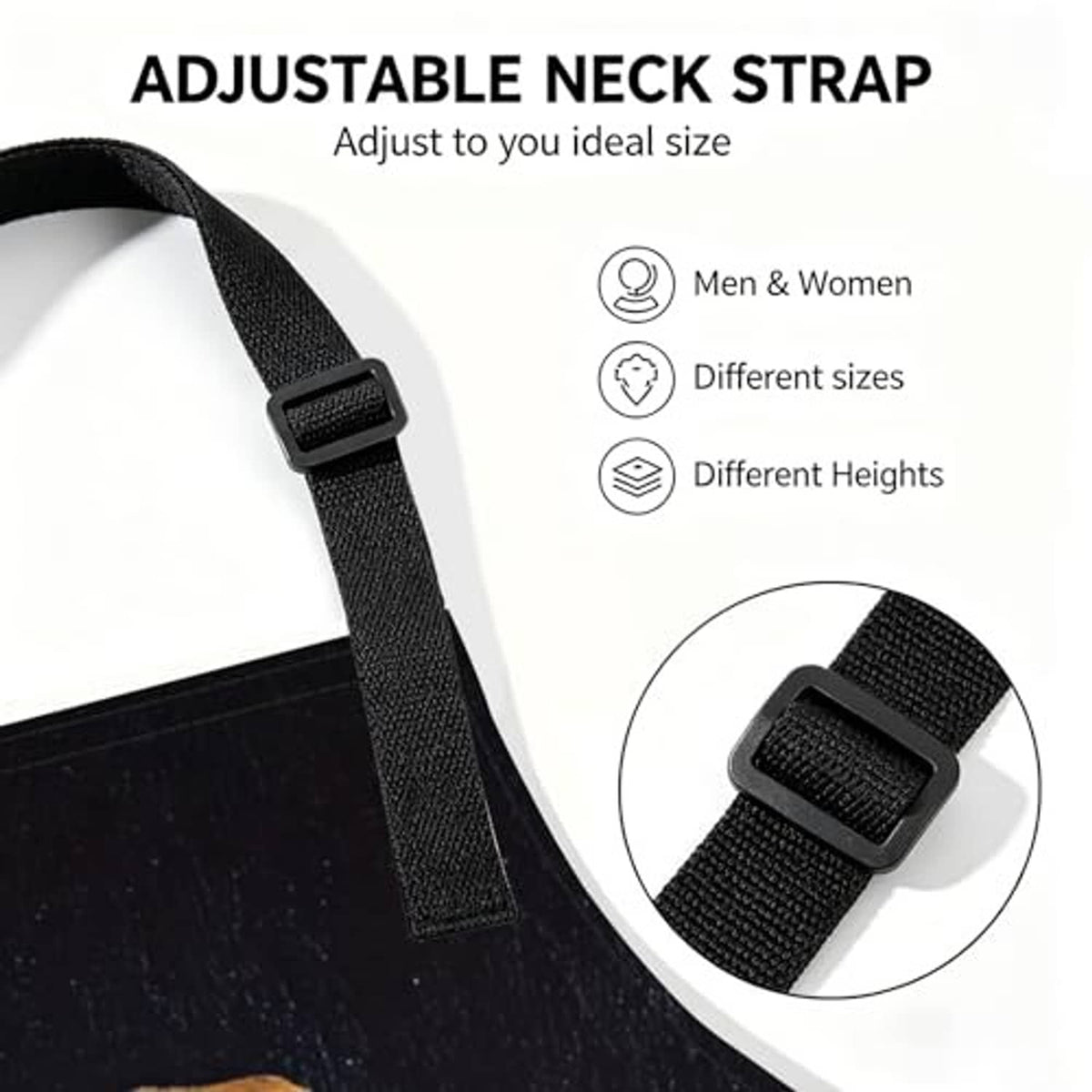 Black adjustable neck strap with buckle on a polyester kitchen apron
