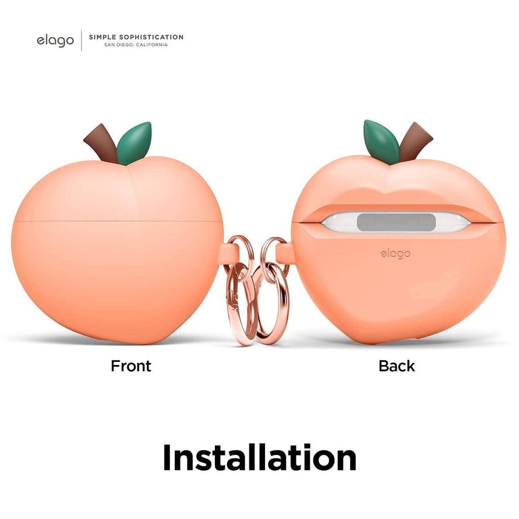 Peach silicone charging case cover front and back with rose-gold carabiner