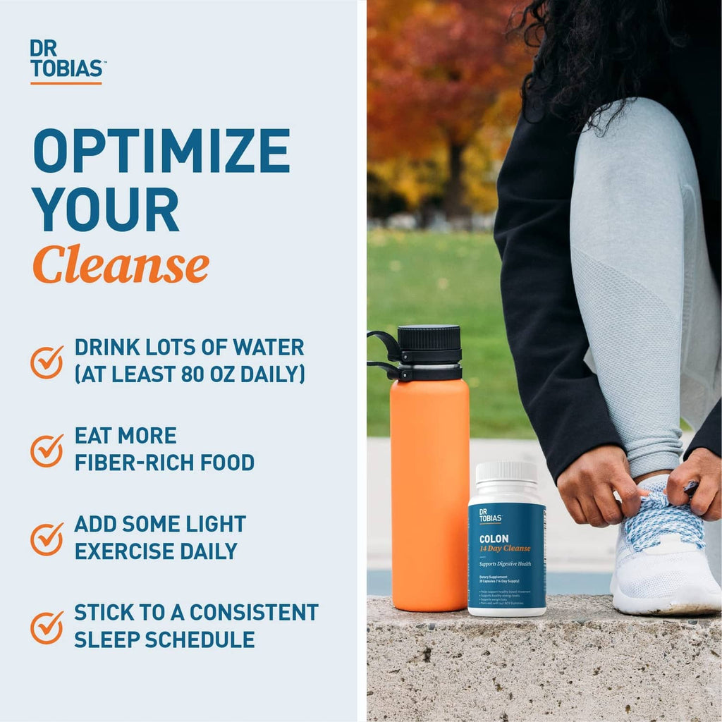 Colon 14 Day Cleanse supplement bottle beside a water bottle outdoors