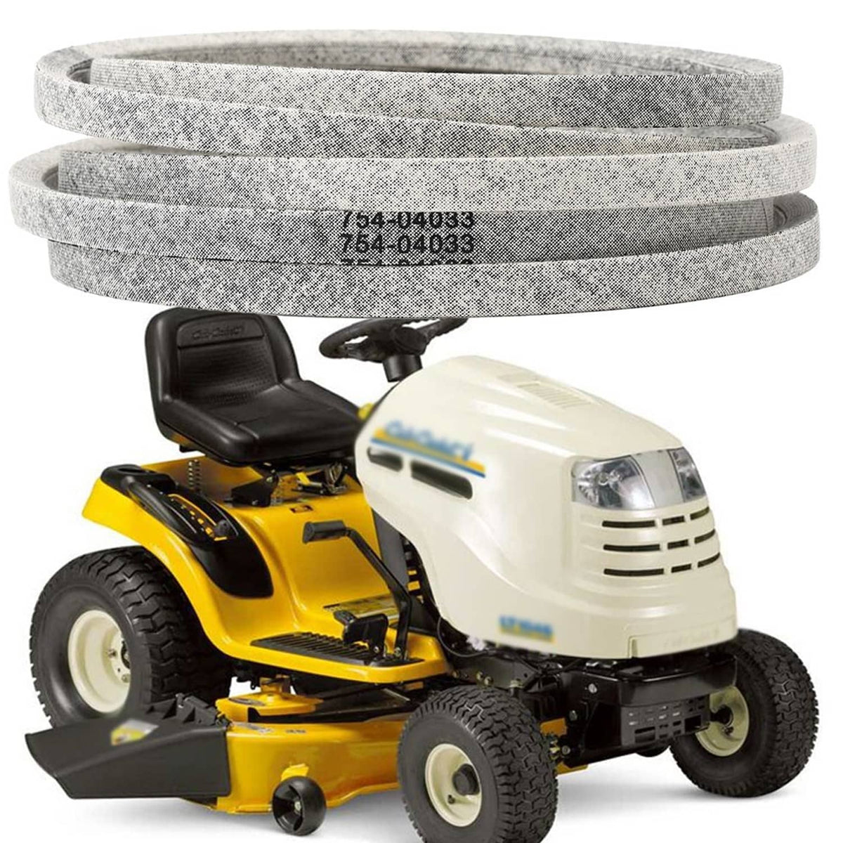 Grey deck belt coil with printed part numbers, looped and shown on a lawn tractor