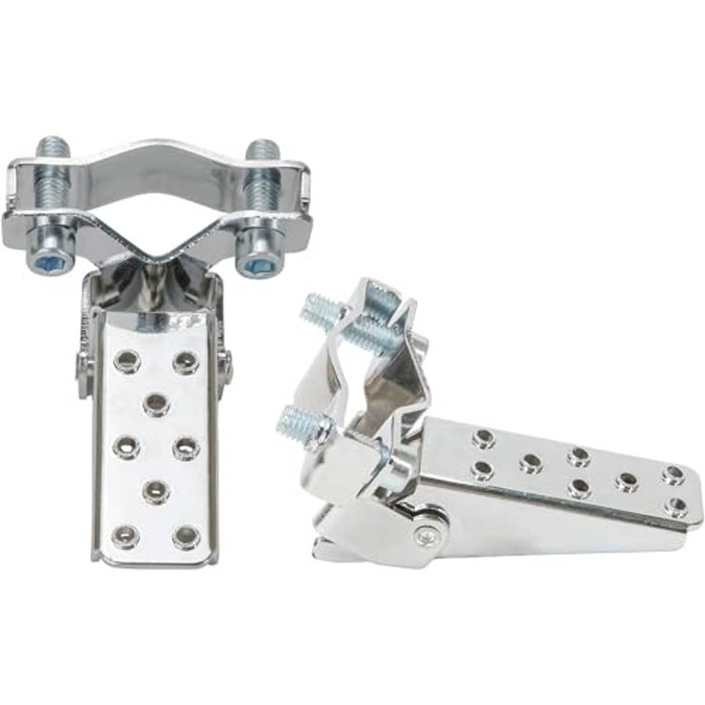 Metal folding bike foot pegs with perforated plates and U-bolt clamp hardware