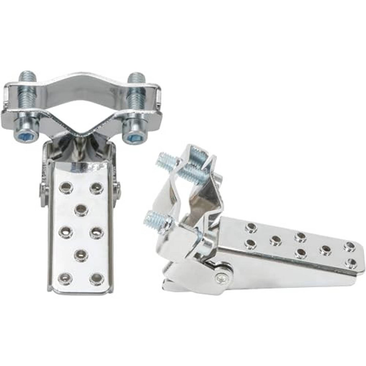 Metal folding bike foot pegs with perforated plates and U-bolt clamp hardware