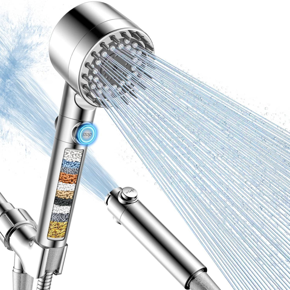 Chrome handheld shower head with filter cartridge and slide control lever