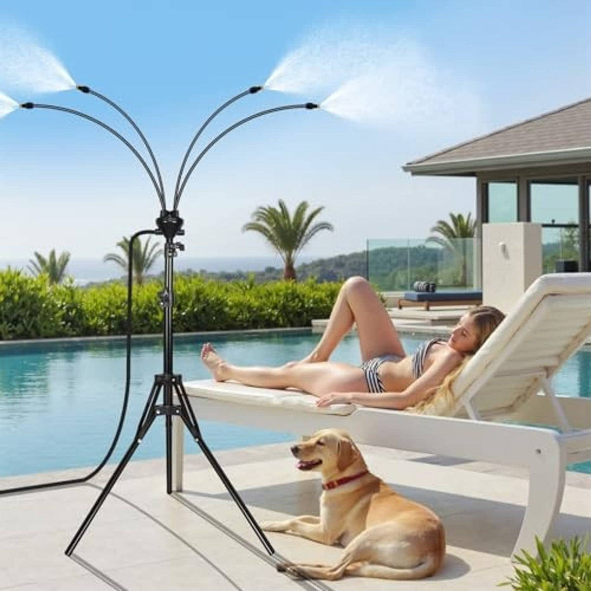 Outdoor patio misting stand with adjustable tripod and two curved mist arms
