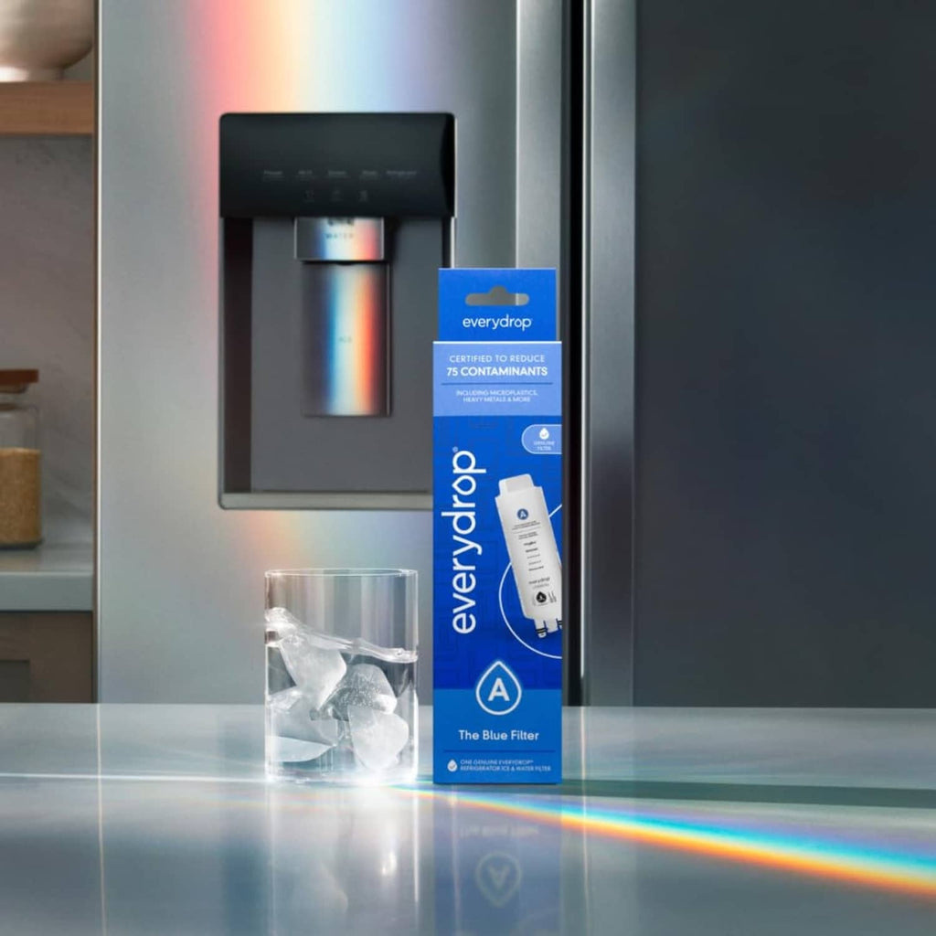 everydrop water filter cartridge and retail box near an in-refrigerator dispenser.