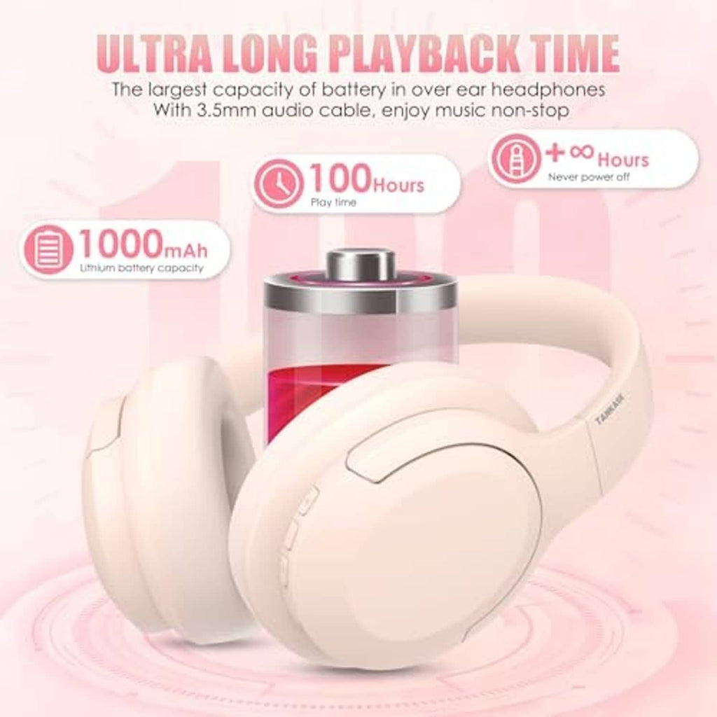 Light pink over-ear wireless headphones with large circular earcup and headband