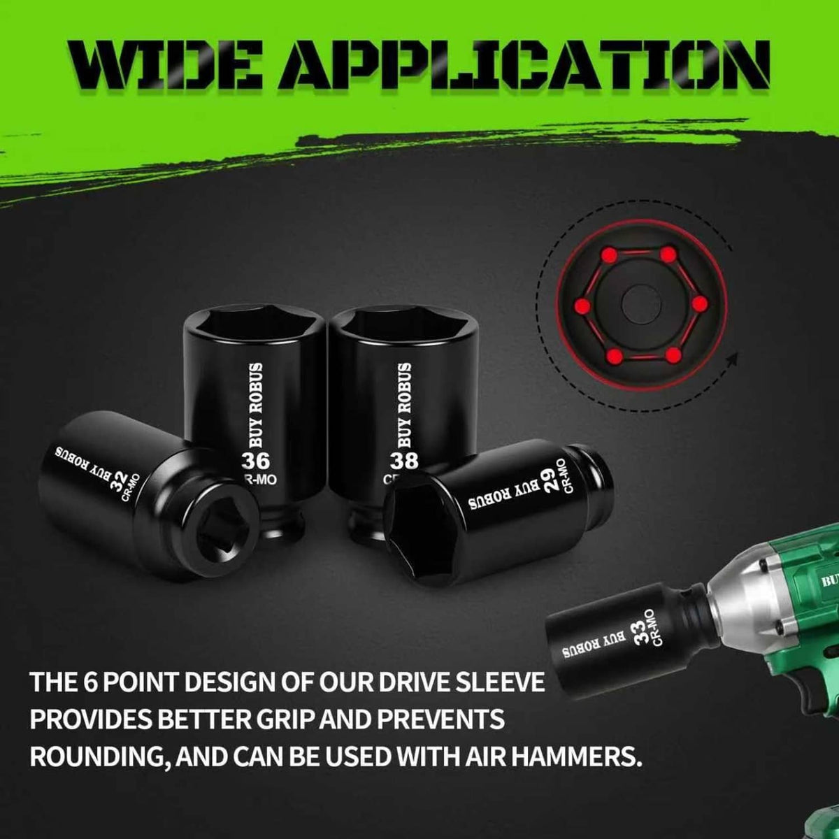Black deep impact sockets with 6-point drive ends for 1/2 in deep socket set.