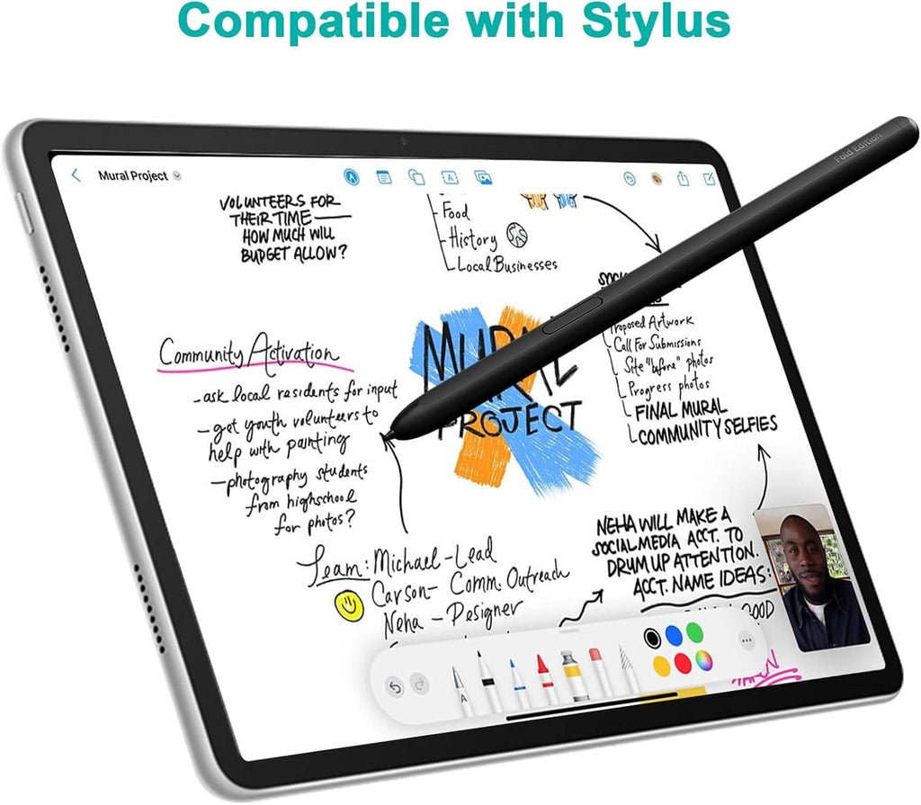 Tablet with tempered glass screen protector and stylus compatibility graphic