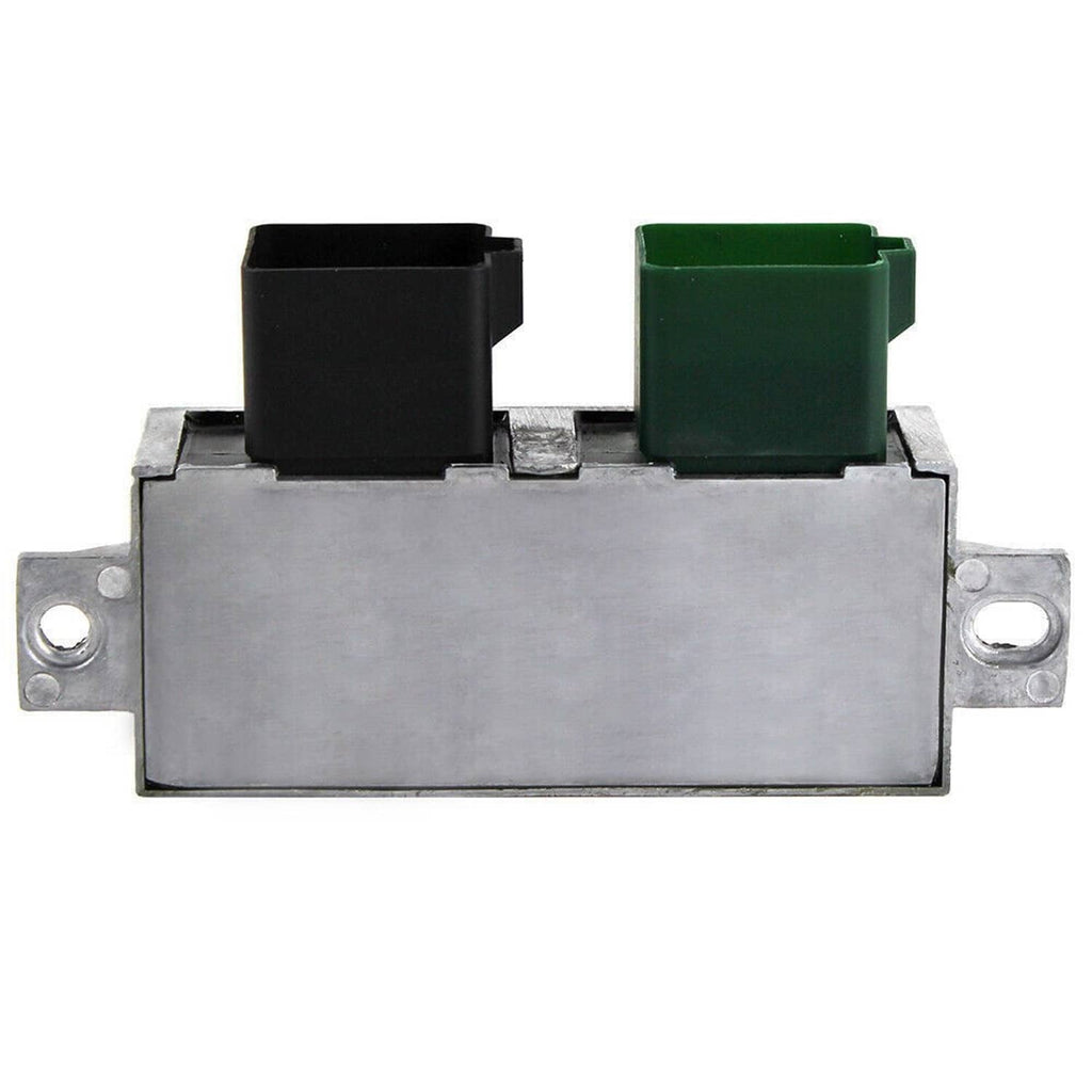 Glow plug control relay module front view with black and green connector caps