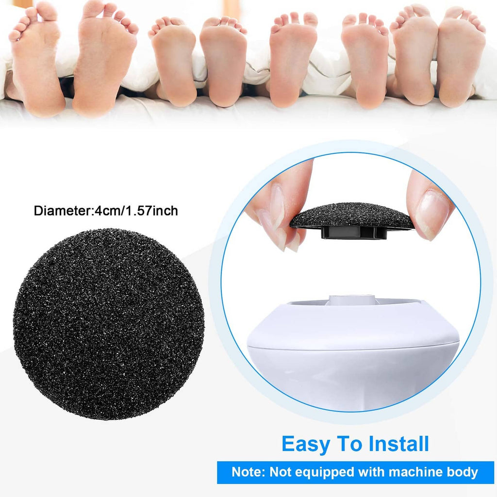 Round black abrasive pad installation on a foot grinder head, shown by hands