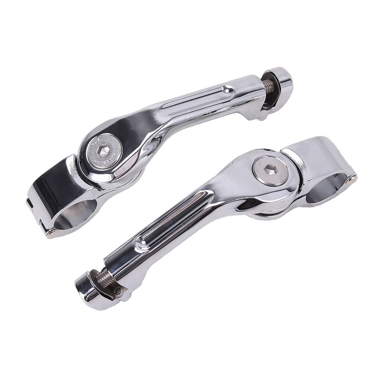 Motorcycle highway foot peg set with chrome arms and mounting hardware