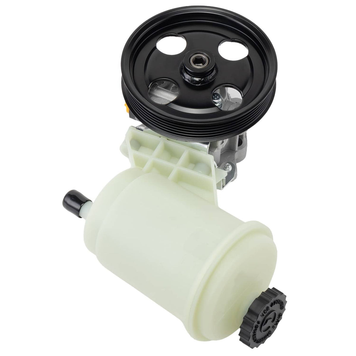 Power steering pump with black pulley and light reservoir, isolated on white.