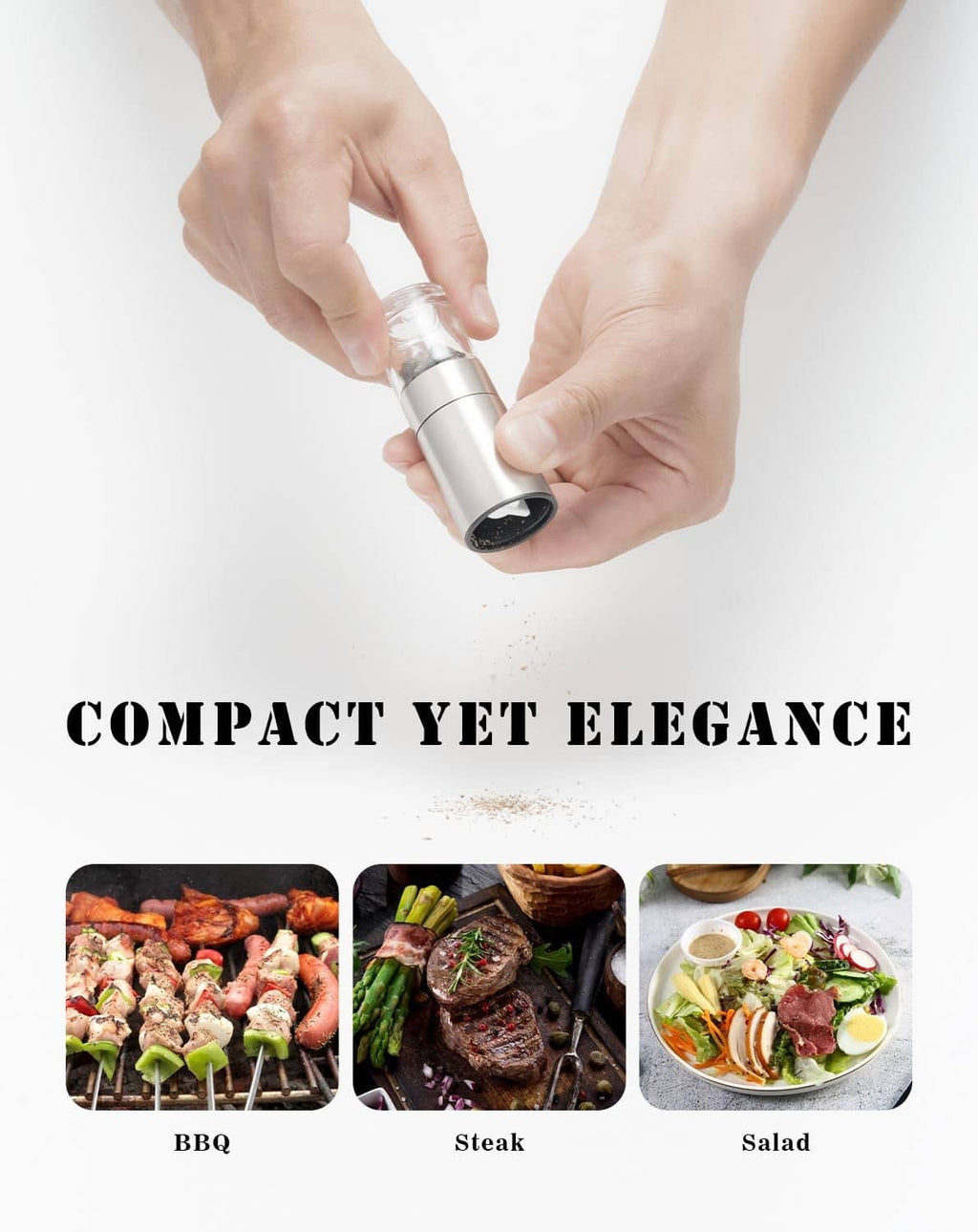 Hands holding a mini stainless steel salt and pepper grinder for tabletop seasoning