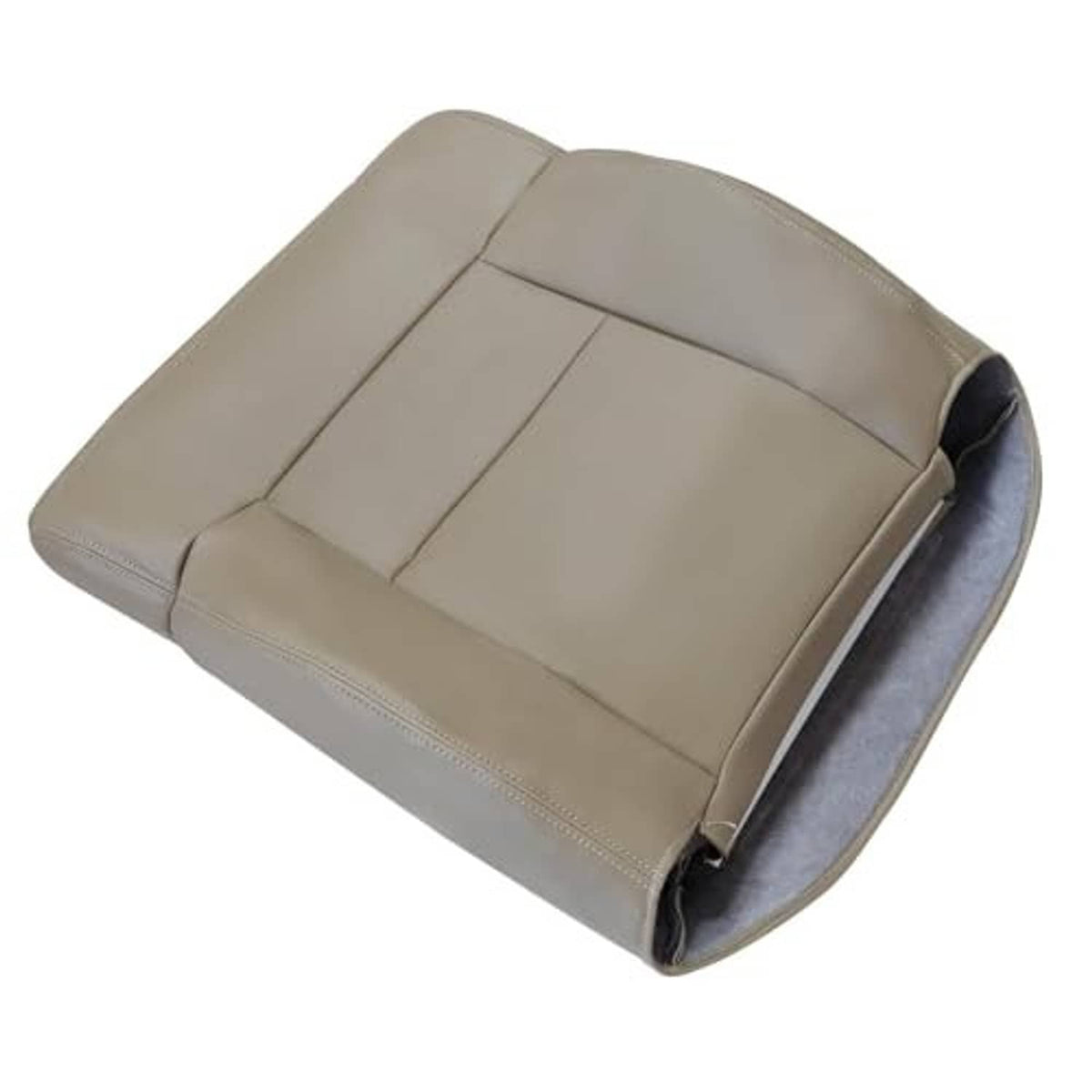 Beige top seat cover with three stitched sections and curved backrest design