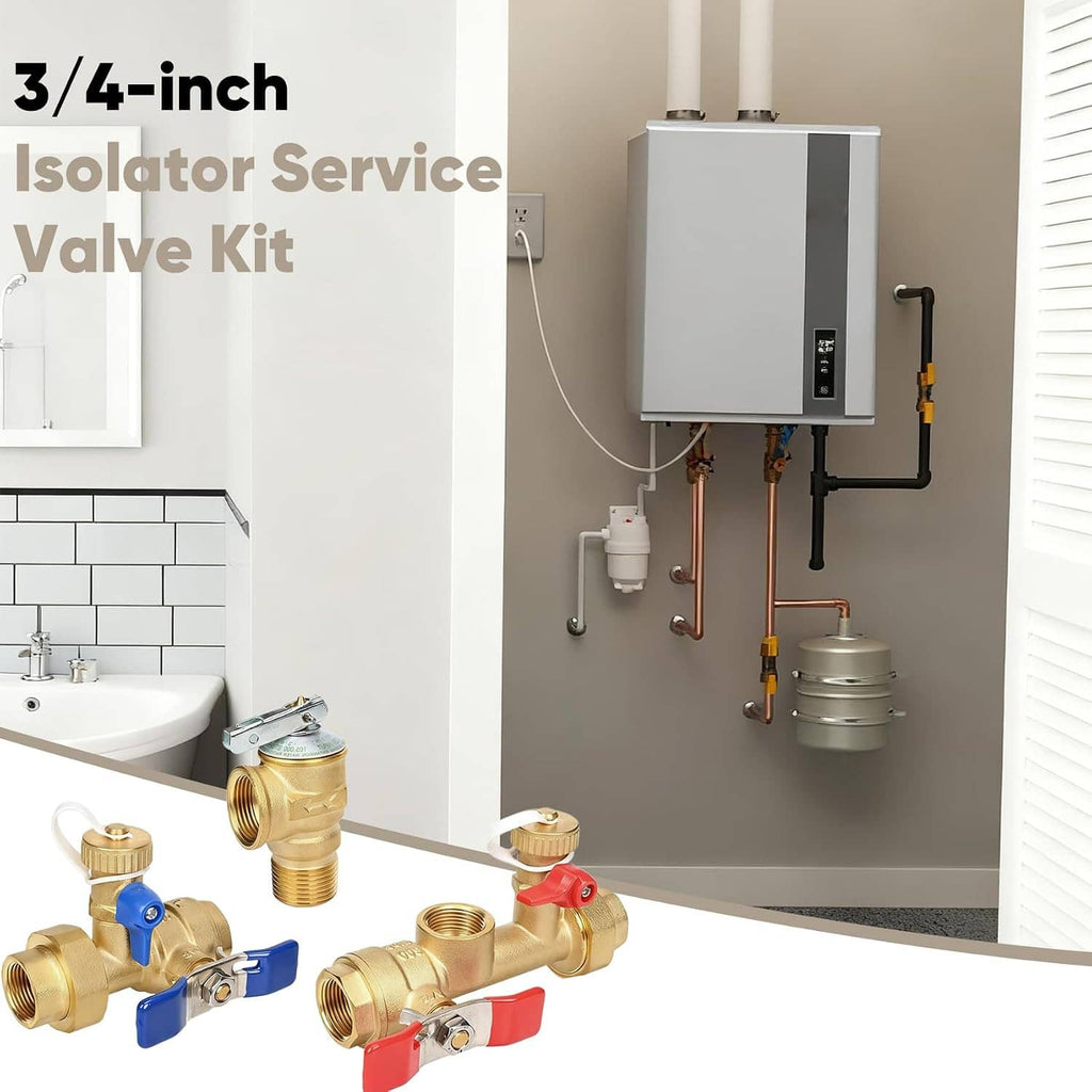 Brass 3/4-inch isolator service valve kit with red/blue lever handles and compression fittings