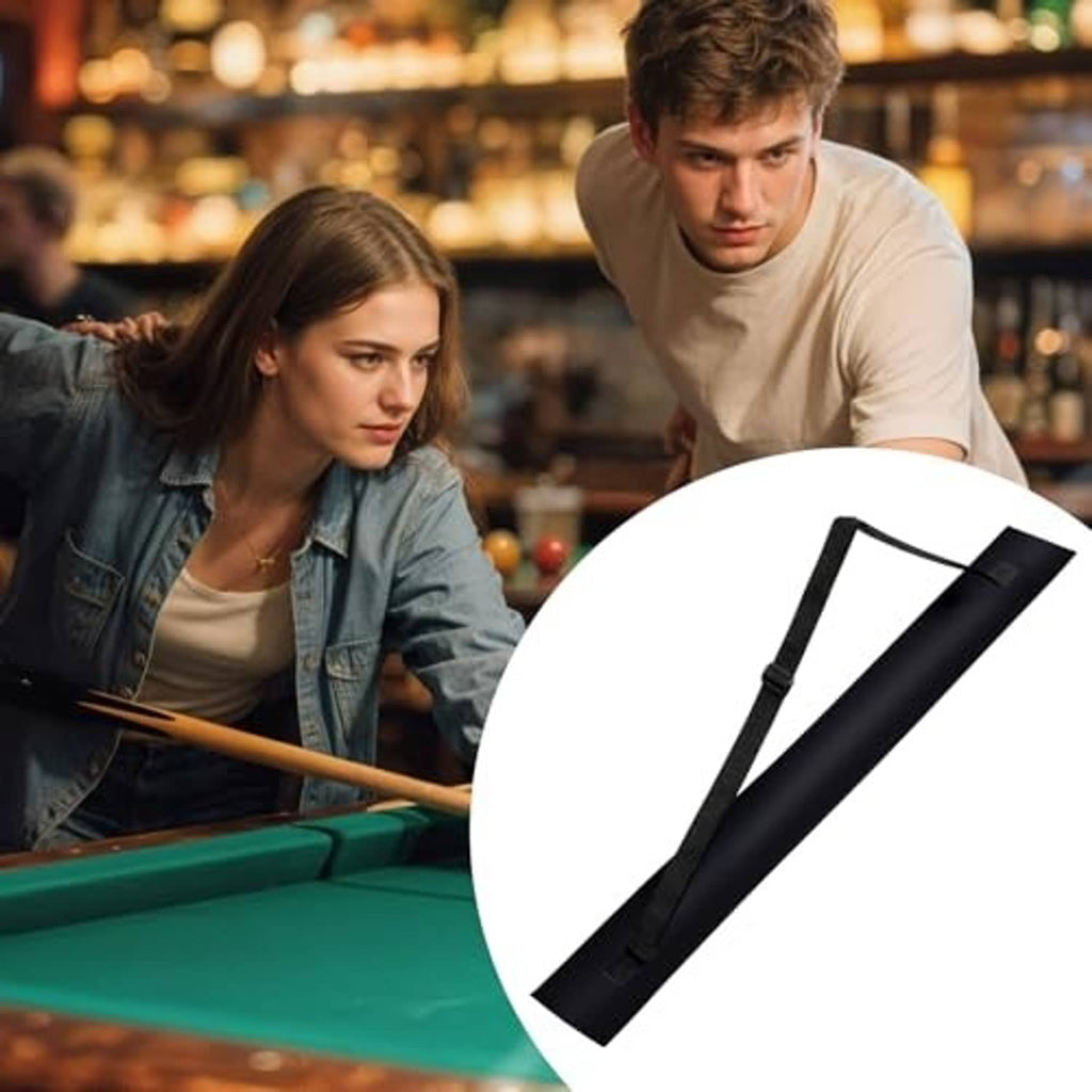Black collapsible cue case with strap shown in a scene; case lies ready for storing cue parts