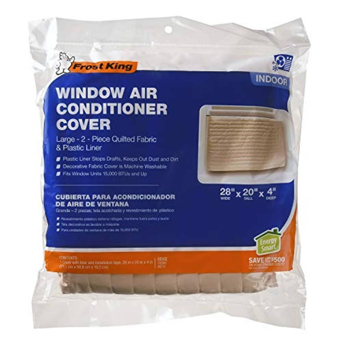 Beige quilted window air conditioner cover with plastic liner, 2-piece set, retail bag