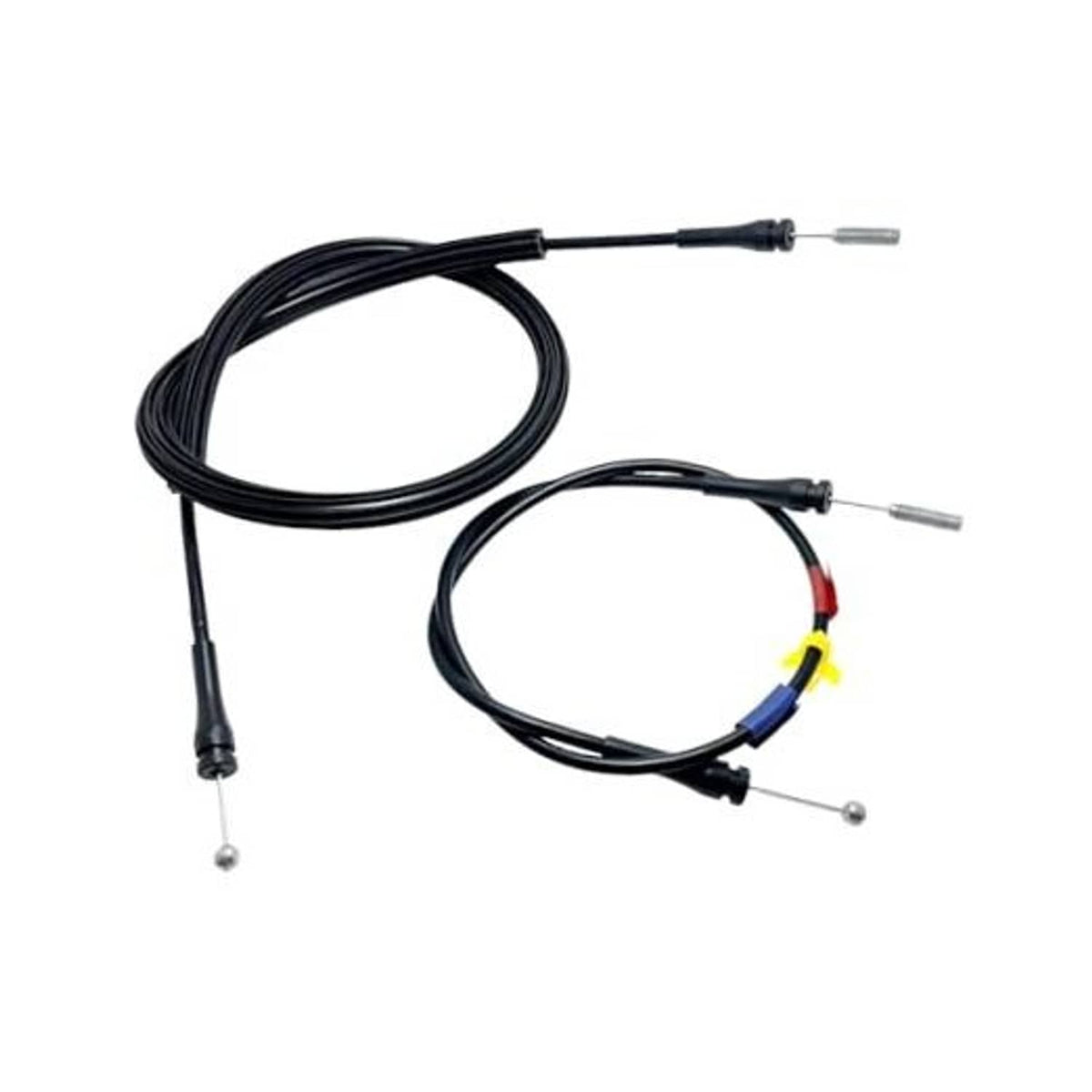 Black car door latch release cable with extended double wire ends and small metal fittings