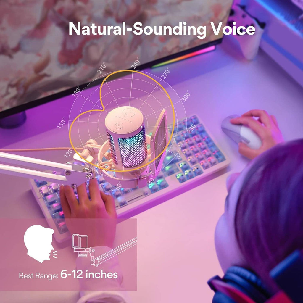 Pink condenser microphone with purple LED grille for gaming streaming use