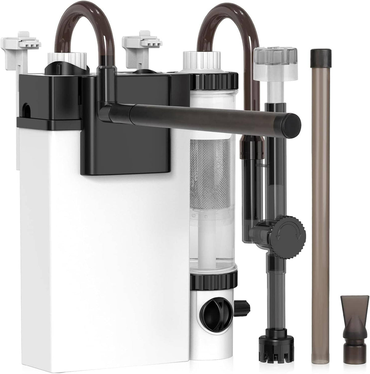 Hang-on-back aquarium filter side view with spray bar, hoses, and media chamber