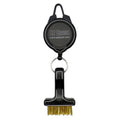 Retractable black EZ BRUSH golf cleaning tool with gold bristle head and keyring.