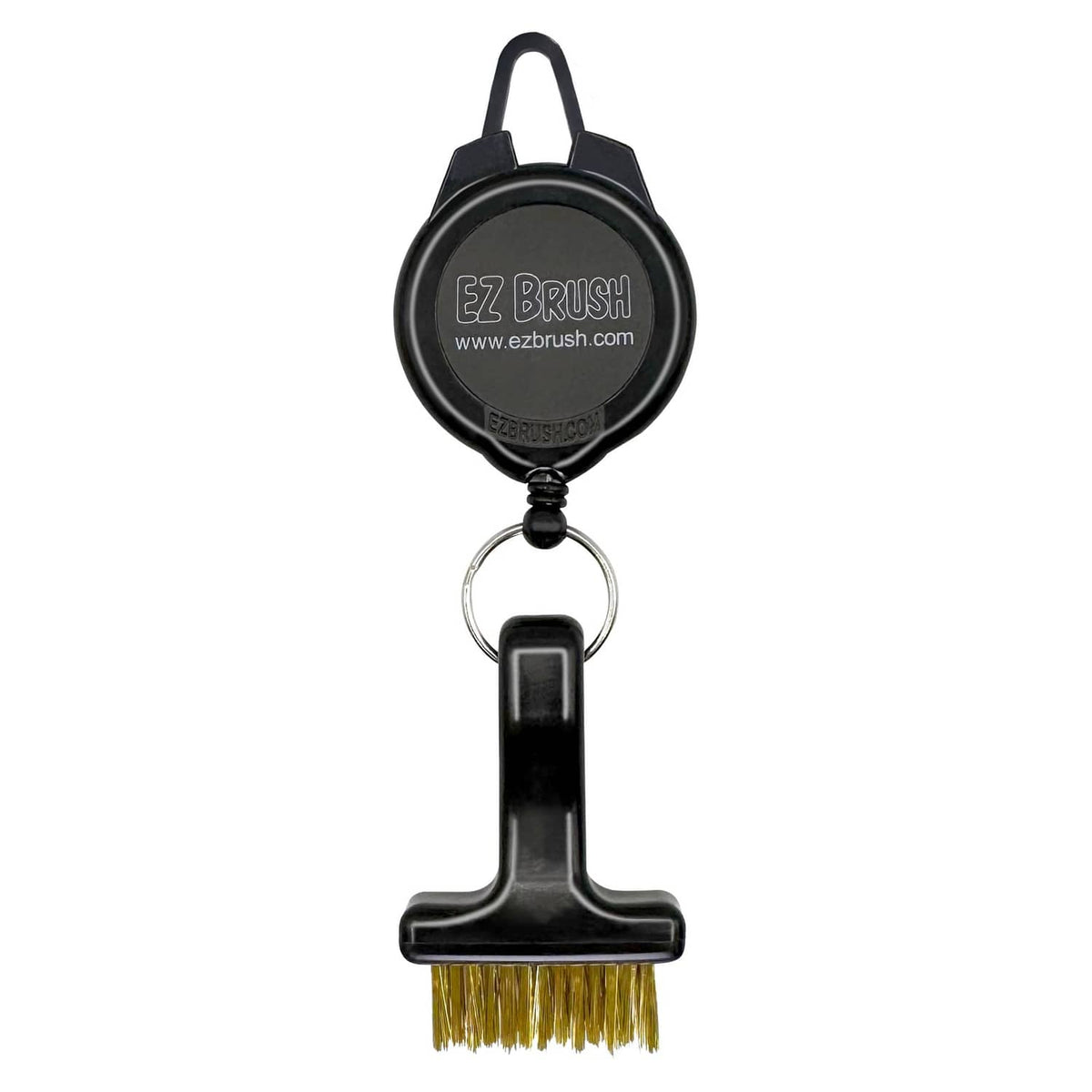 Retractable black EZ BRUSH golf cleaning tool with gold bristle head and keyring.