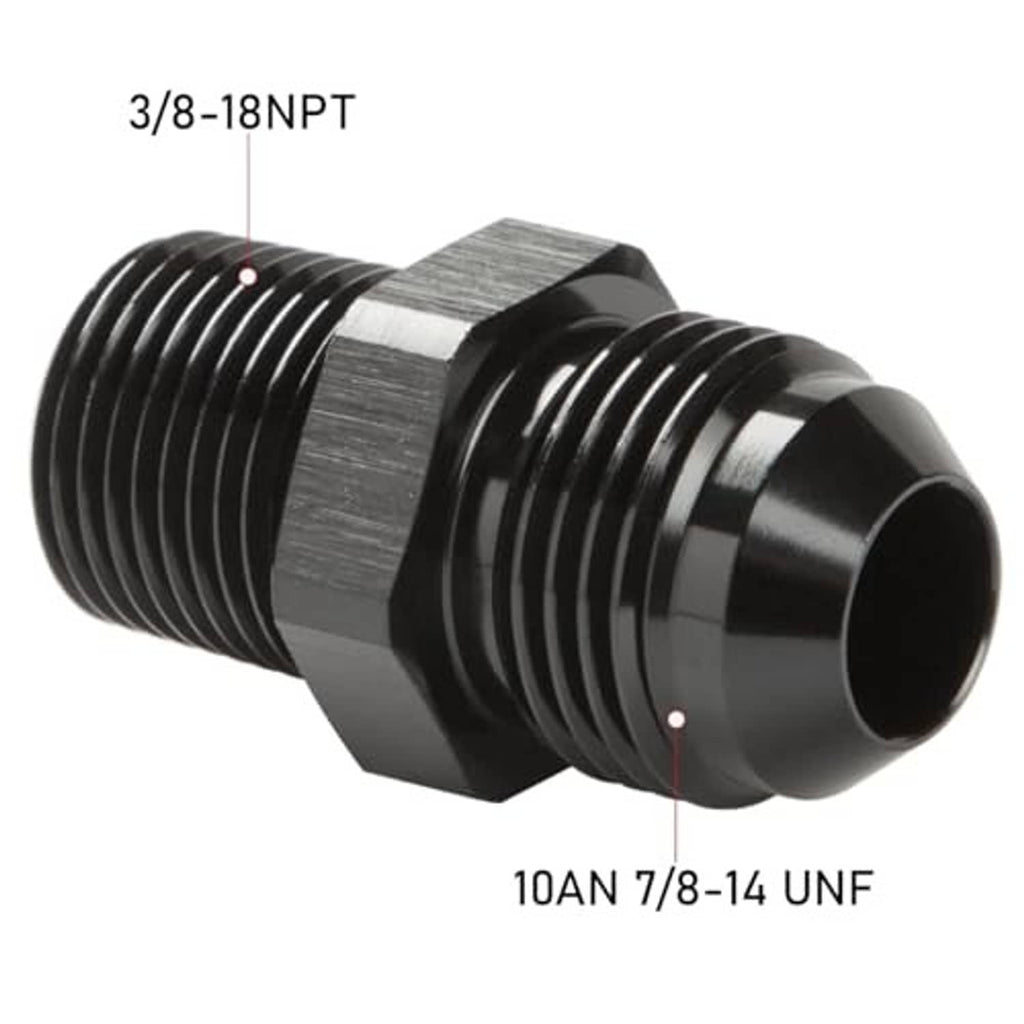 Black male AN-to-3/8 NPT straight fitting with silver hex and ribbed threads