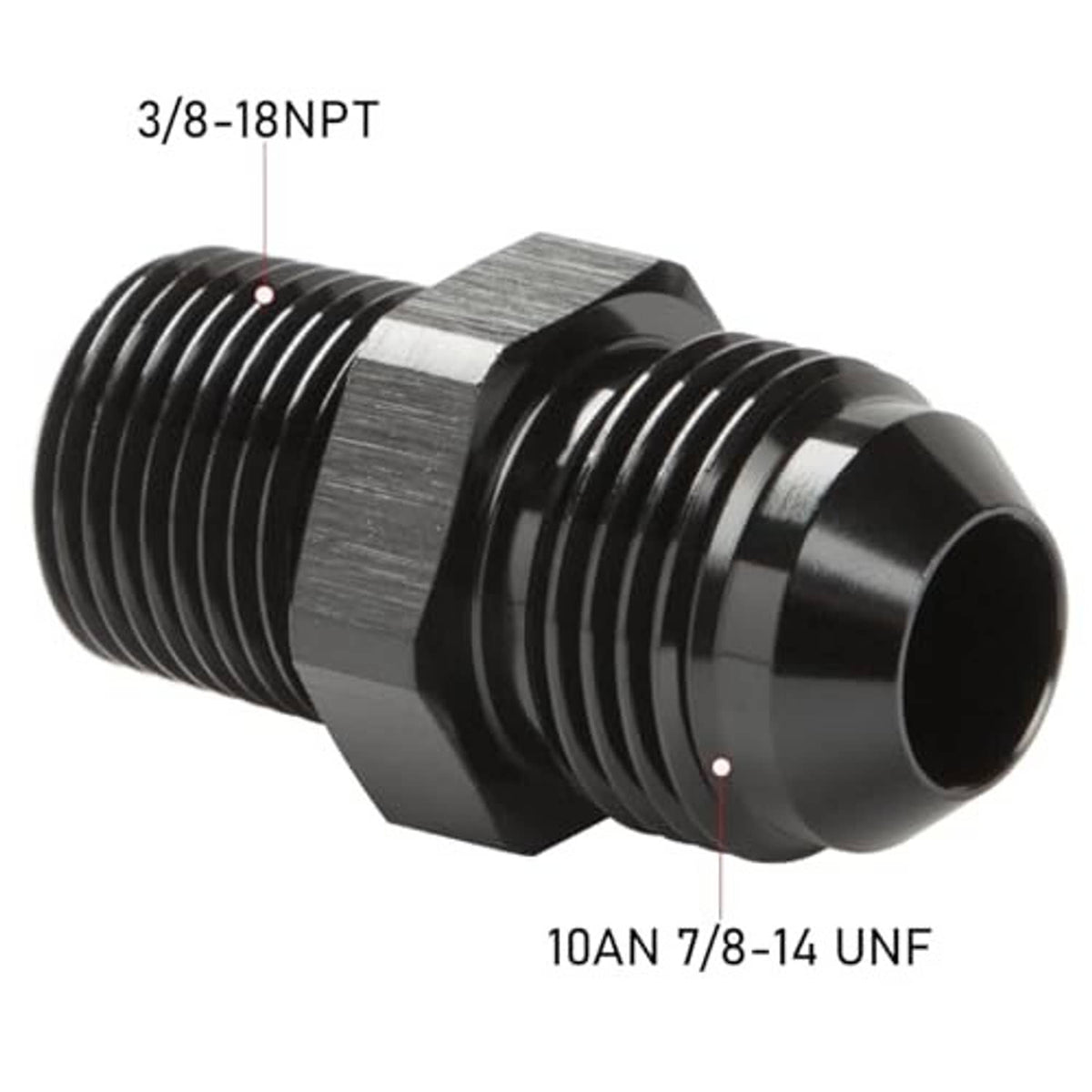Black male AN-to-3/8 NPT straight fitting with silver hex and ribbed threads